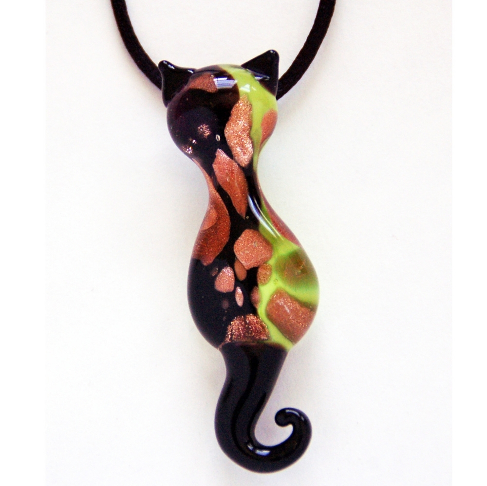 Murano Glass Cat Pendant Green 24 K Gold Leaf